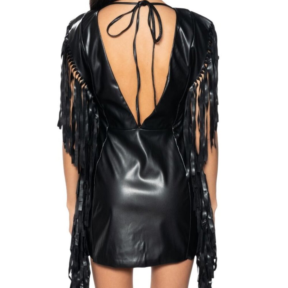 Xena Nashville at Night: Vegan Leather Black Fringe Mod Sheath Plunge Back Dress - Picture 5 of 6